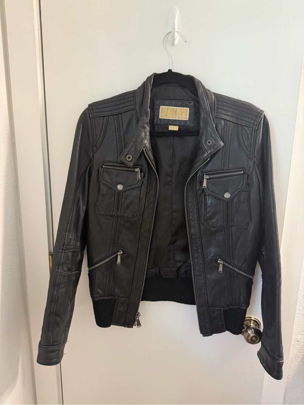 Michael Kors Black Leather Moto Jacket with Zip Pockets